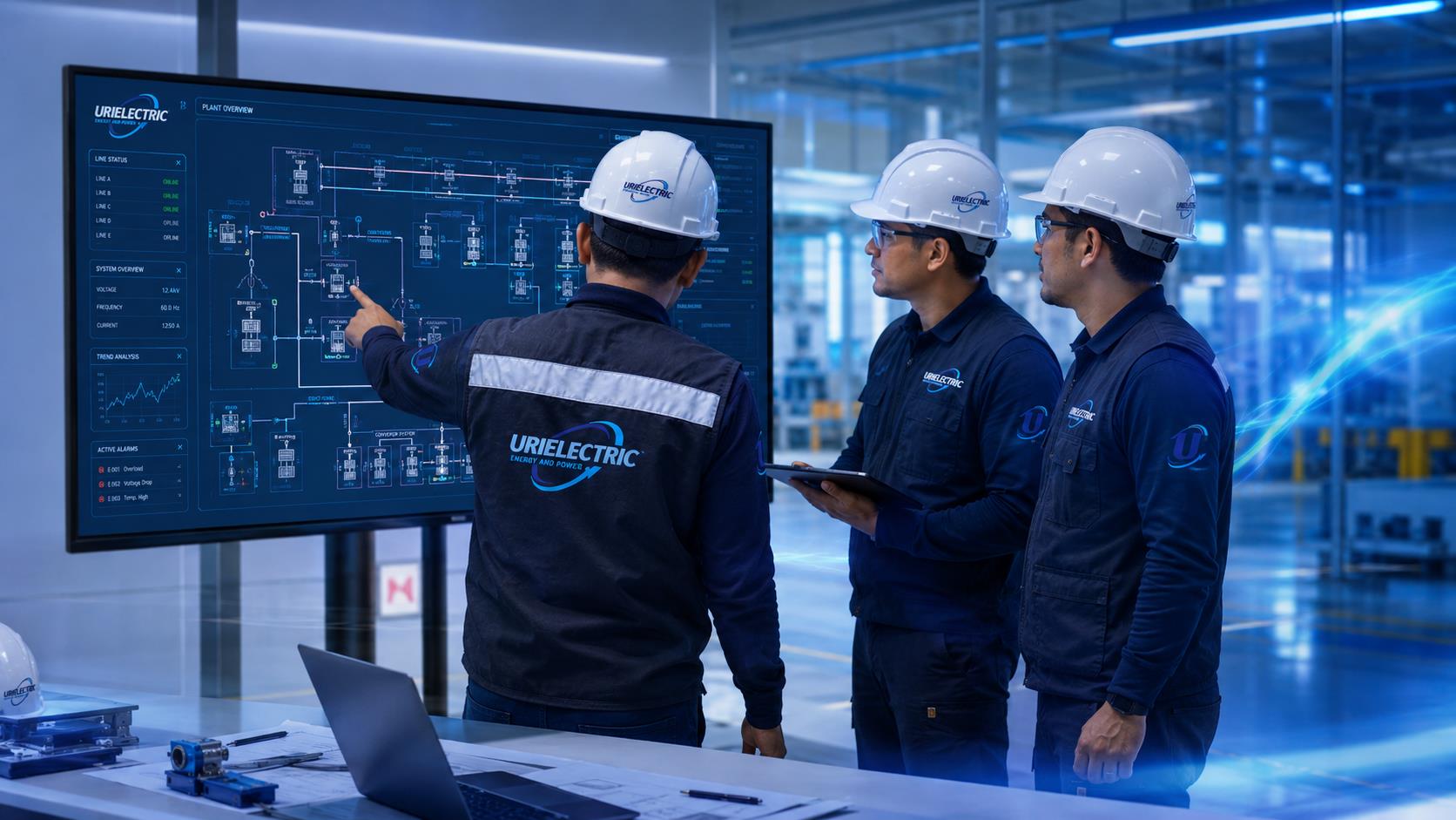 Equipo técnico revisando sistema de control industrial