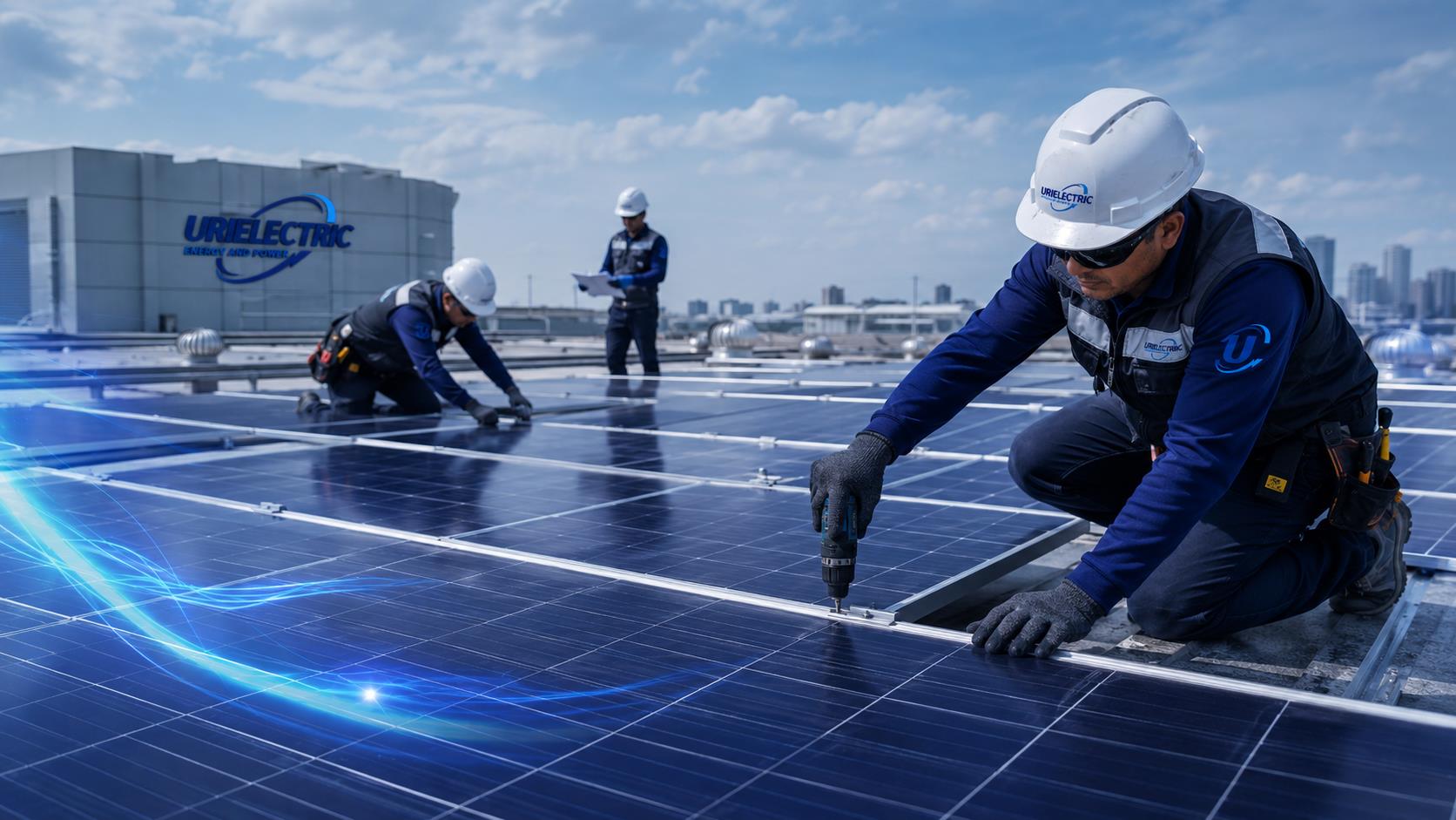 Técnicos instalando paneles solares industriales